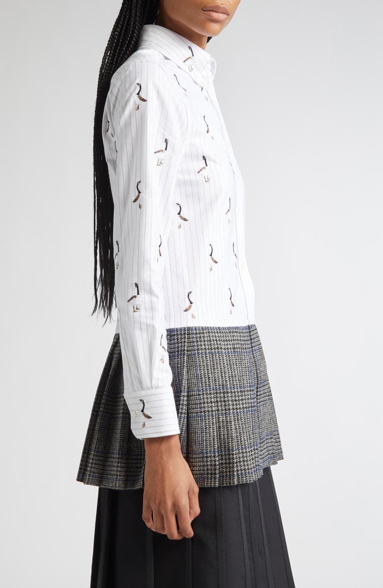 Thom Browne Geese Embroidered Stripe Button-Down Shirt, Alternate, color, Medium Grey