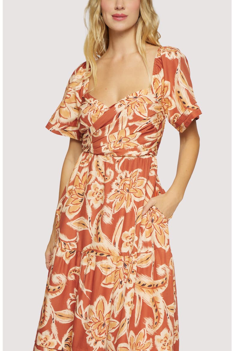 Terra Di Siena Floral Tiered Midi Dress, Alternate, color, BROWN-MULTI