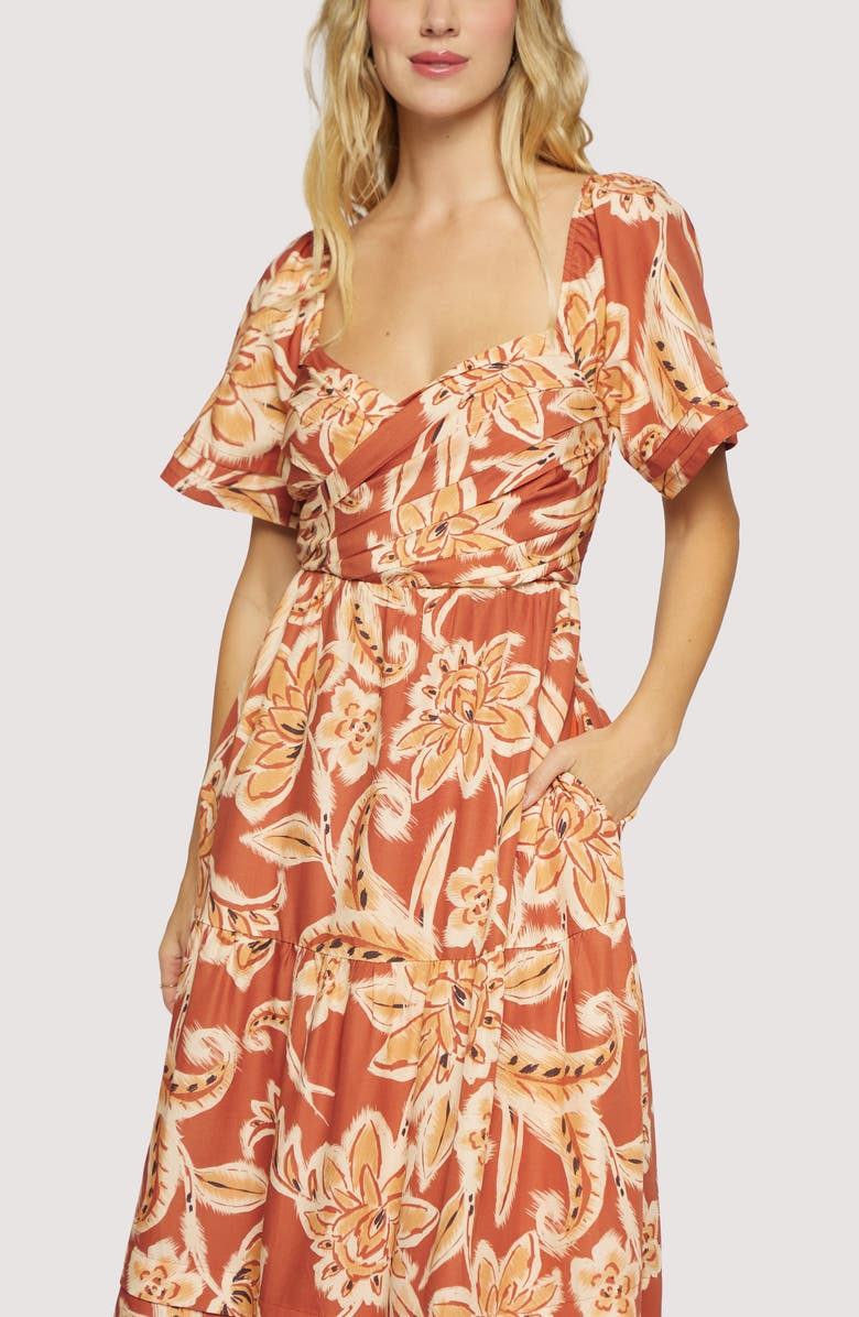 Lost + Wander Terra Di Siena Floral Tiered Midi Dress, Alternate, color, Brown-Multi