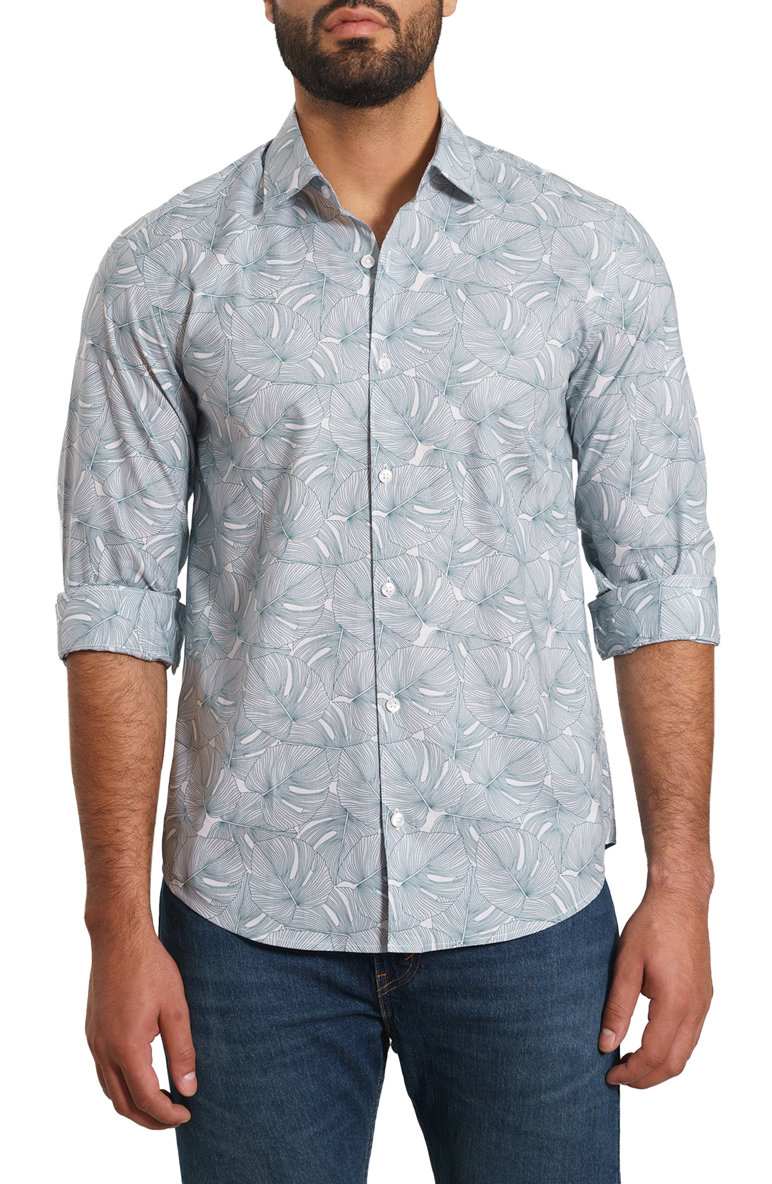 Jared Lang Trim Fit Monstera Leaf Pima Cotton Button-Up Shirt