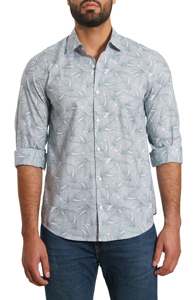 Jared Lang Trim Fit Monstera Leaf Pima Cotton Button-Up Shirt, Main, color, Green Leaves