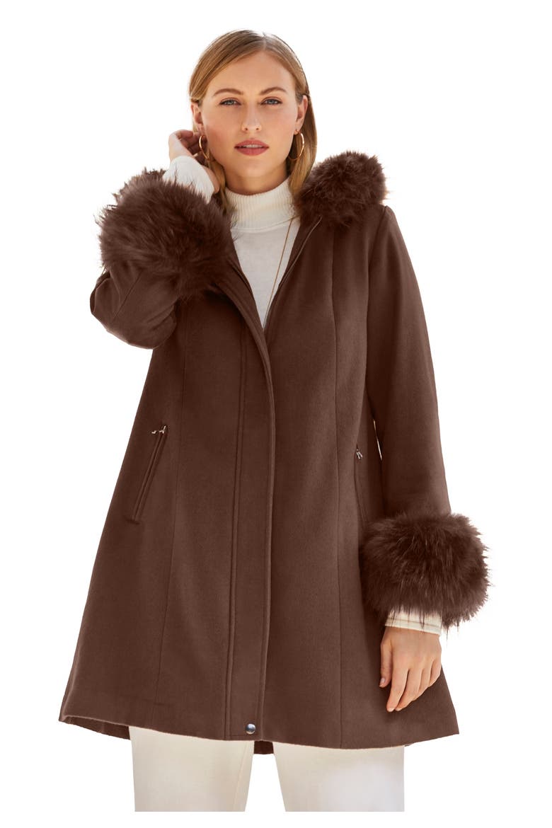 Hooded Faux Fur Trim Coat, Main, color, RICH BROWN