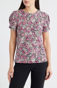 AK ANNE KLEIN Print Pleat Short Sleeve Top