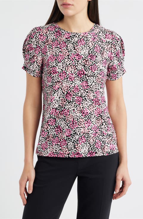 AK ANNE KLEIN Print Pleat Short Sleeve Top (Petite)