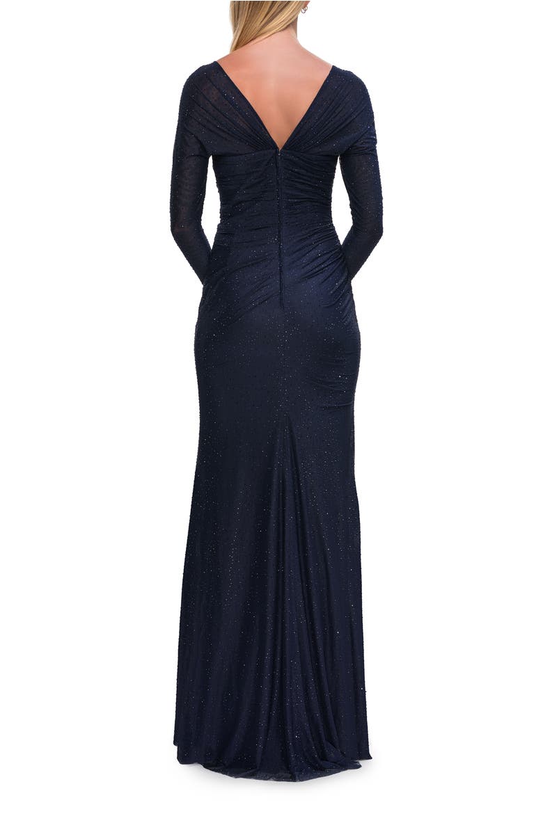 Long Sleeve Rhinestone Jersey Gown with Sweetheart, Alternate, color, Navy