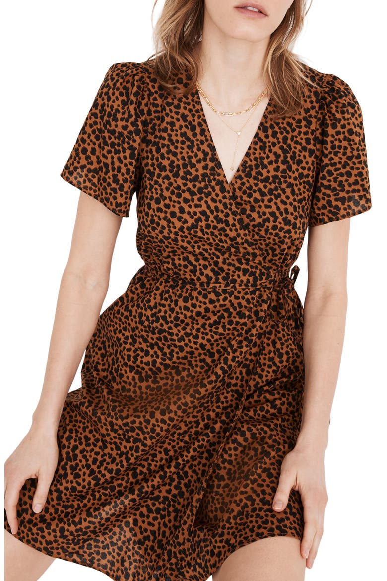 Painted Leopard Flutter Sleeve Wrap Minidress, Main, color, LEOPARD