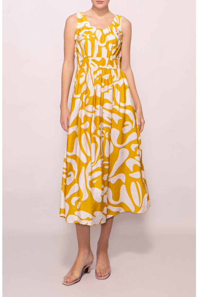 Abstract Print Midi Dress, Main, color, IVORY/ YELLOW