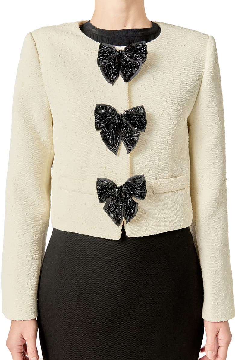 English Factory Sequin Bow Jacquard Crop Jacket, Alternate, color, Cream