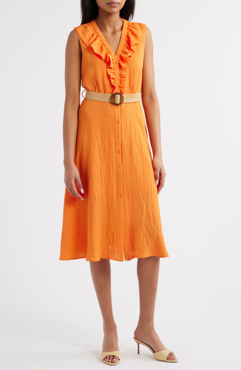 Sam Edelman Ruffle Trim Sleeveless Midi Dress, Main, color, Orange