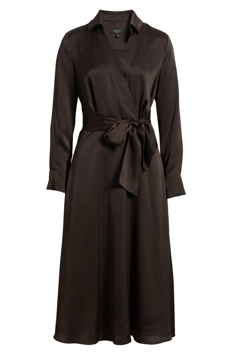 Tahari ASL Printed Long Sleeve Faux Wrap Matte Satin Shirtdress, Alternate, color, Chocolate