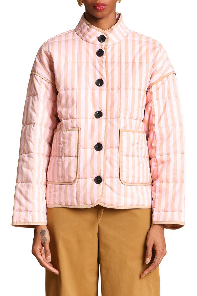 Stripe Boxy Quilted Cotton Blend Jacket, Alternate, color, PINK-TAUPE STRIPE