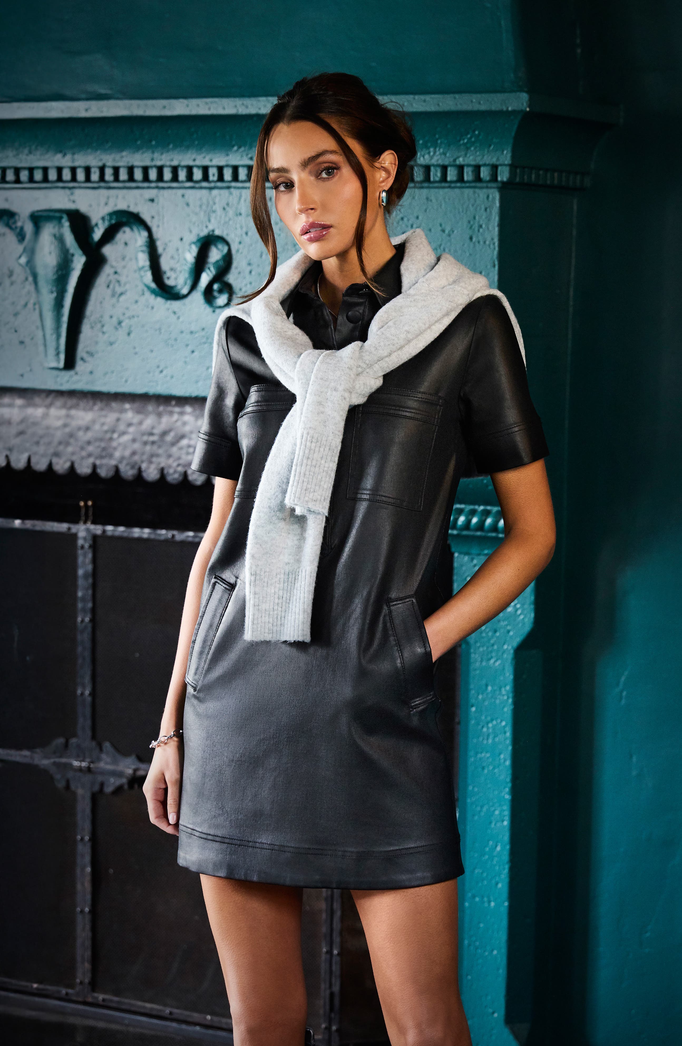 faux leather t shirt dress Women's Faux Leather L/S Shirt Dress