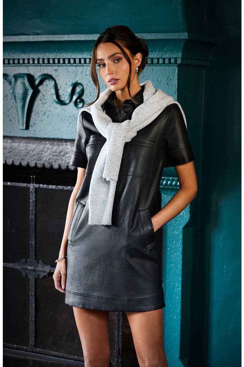 faux leather mini shirt dress Scoop Women's and Women's Plus Faux Leather Collared Mini Shirt Dress with  Short Sleeves, Sizes XS-4X