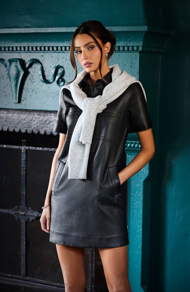 KUT from the Kloth Tatiana Faux Leather Mini Shirtdress, Alternate, color, Black