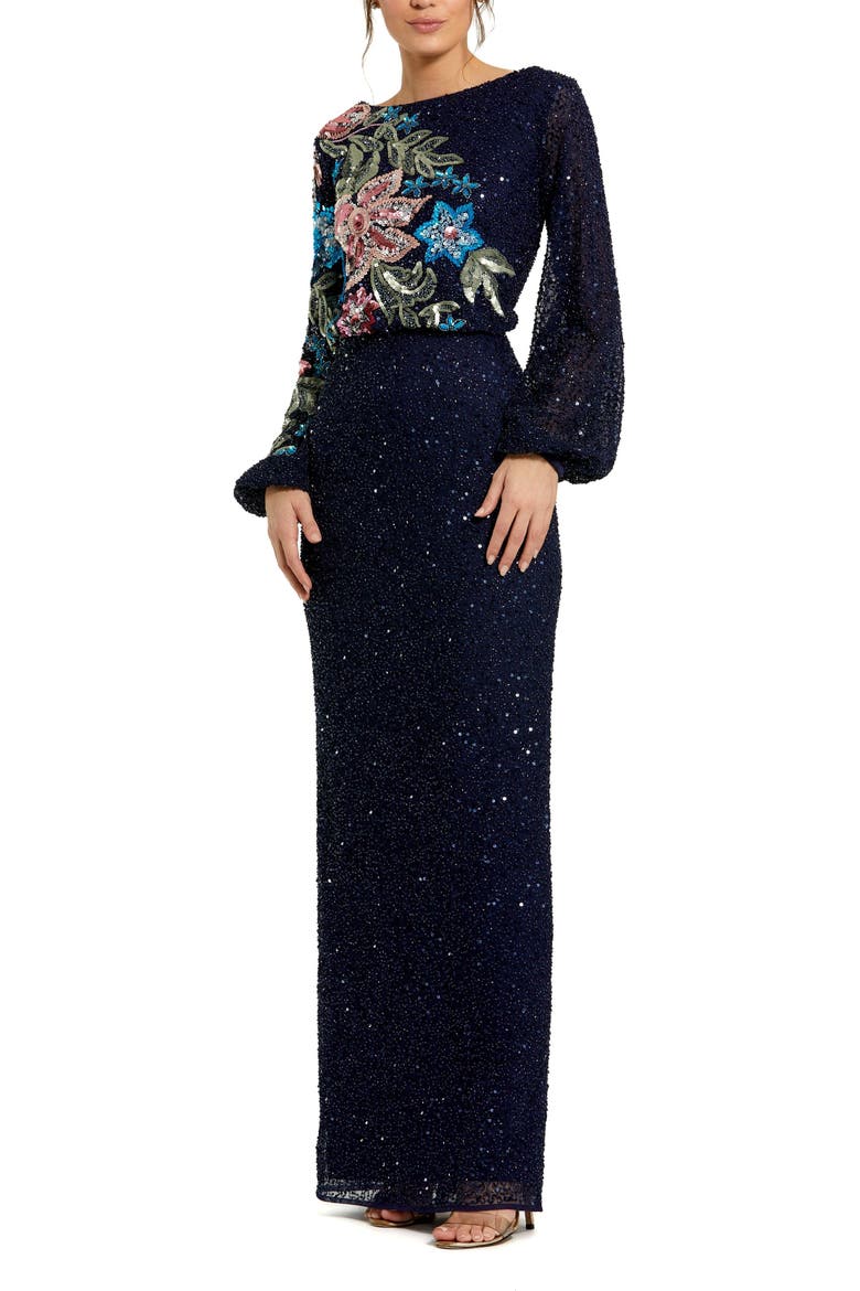 Embellished Multi Color Floral High Neck Gown, Main, color, Midnight