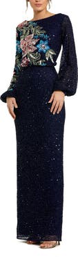 Mac Duggal Embellished Multi Color Floral High Neck Gown