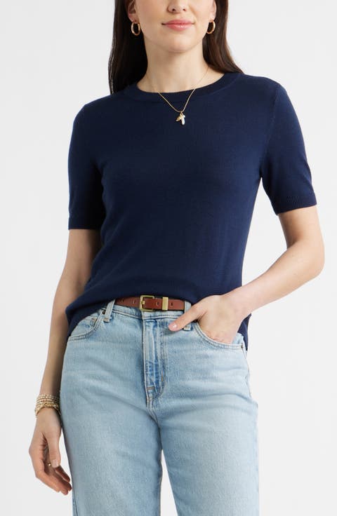 Short Sleeve Merino Wool Blend Sweater Top