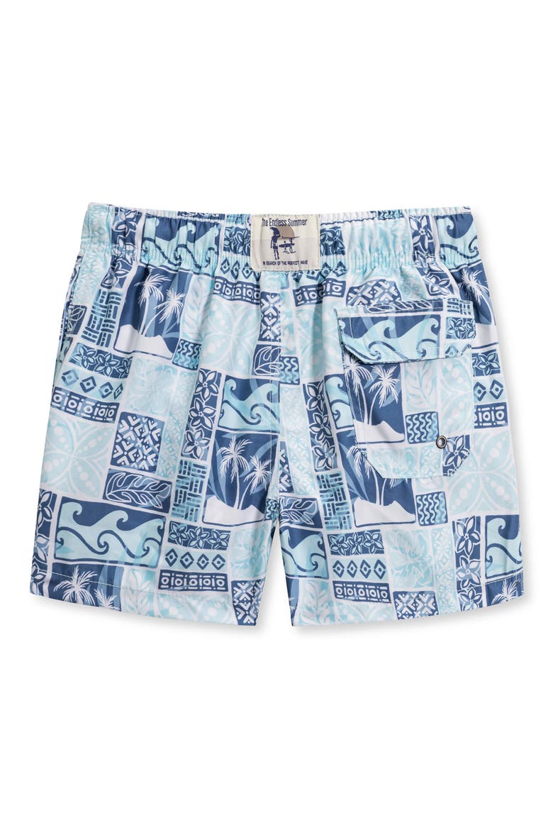 Kids' Palm Print Swim Trunks, Alternate, color, AQUA