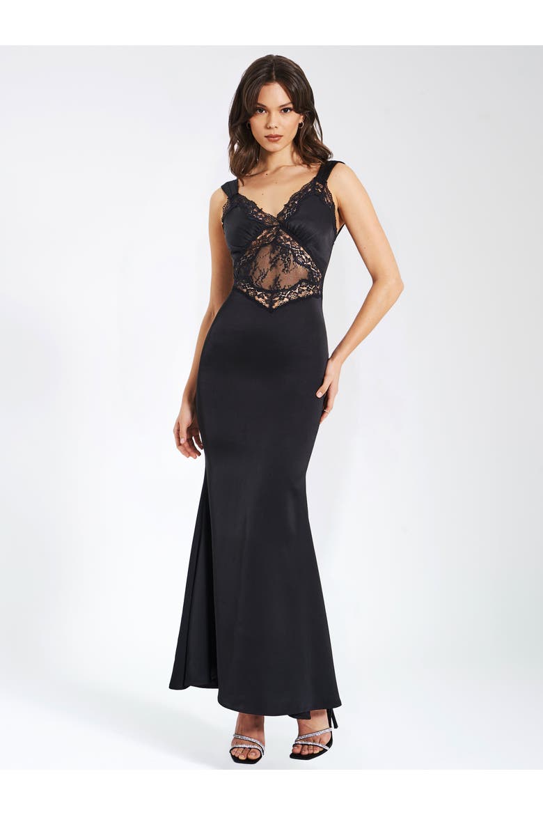 Camila Satin and Lace Maxi Dress, Alternate, color, Black