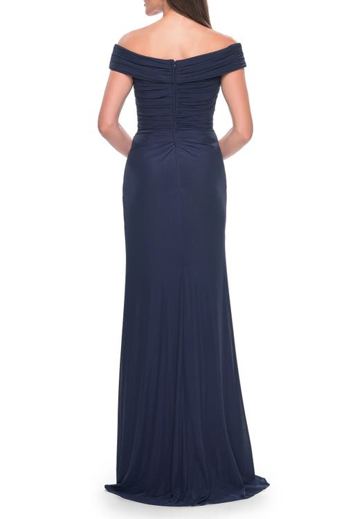 La Femme Off The Shoulder Jersey Evening Gown With Ruching