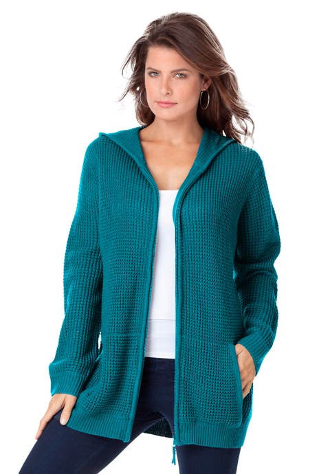 Plus Size Waffle Knit Zip-Front Relaxed Hoodie (Plus)
