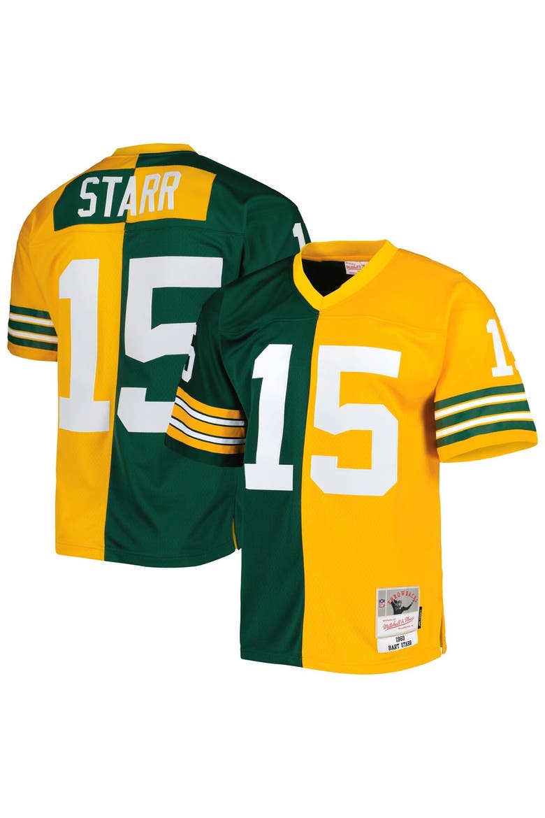 Men's Mitchell & Ness Bart Starr Green/Gold Green Bay Packers 1969 Split Legacy Replica Jersey, Main, color, Green
