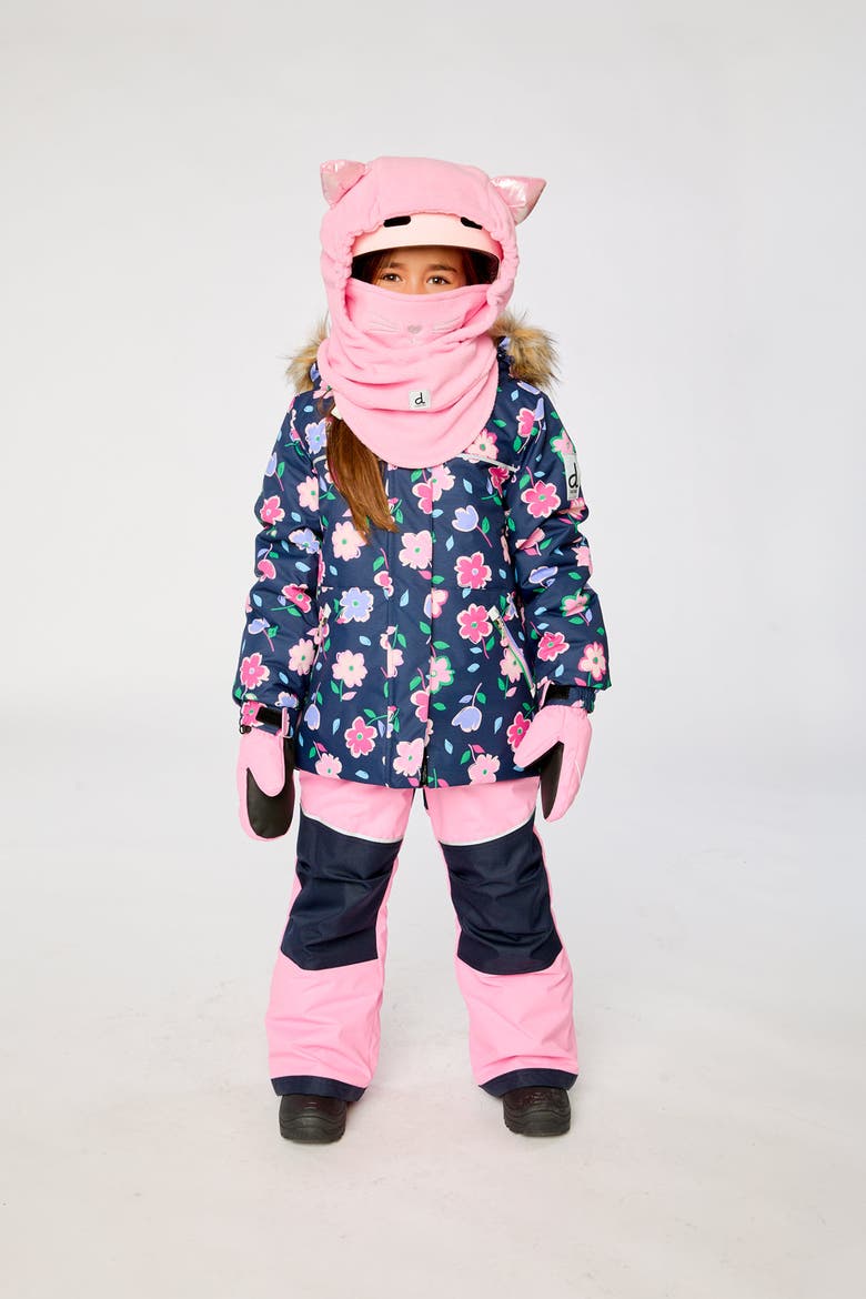 Discover Floral Faux Fur Hood Jacket & Suspender Pants Two Piece Snowsuit, Alternate, color, Blue Floral Print