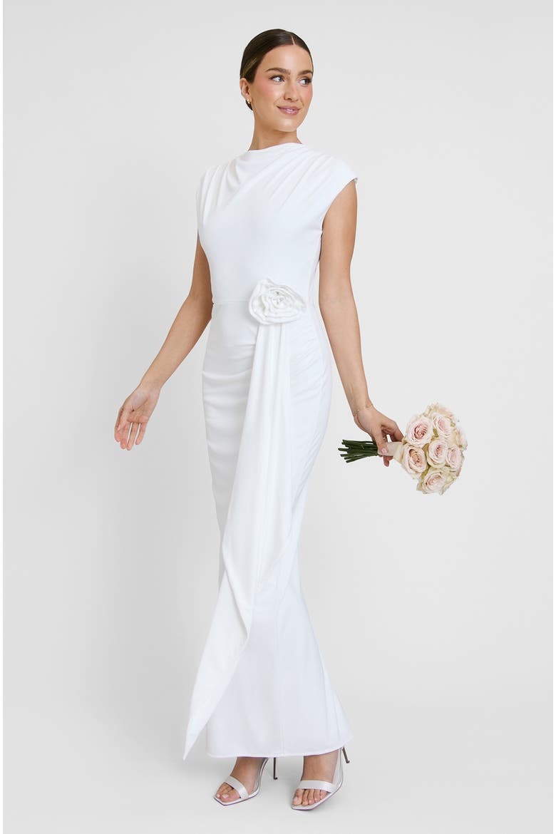 Cap Sleeve Corsage Stretch Dress, Main, color, White