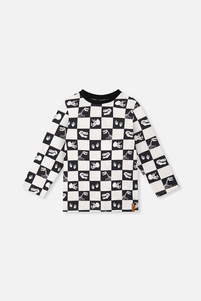 Organic Cotton Checkerboard Dino Icon Long Sleeve T-Shirt, Main, color, Black and White Checker