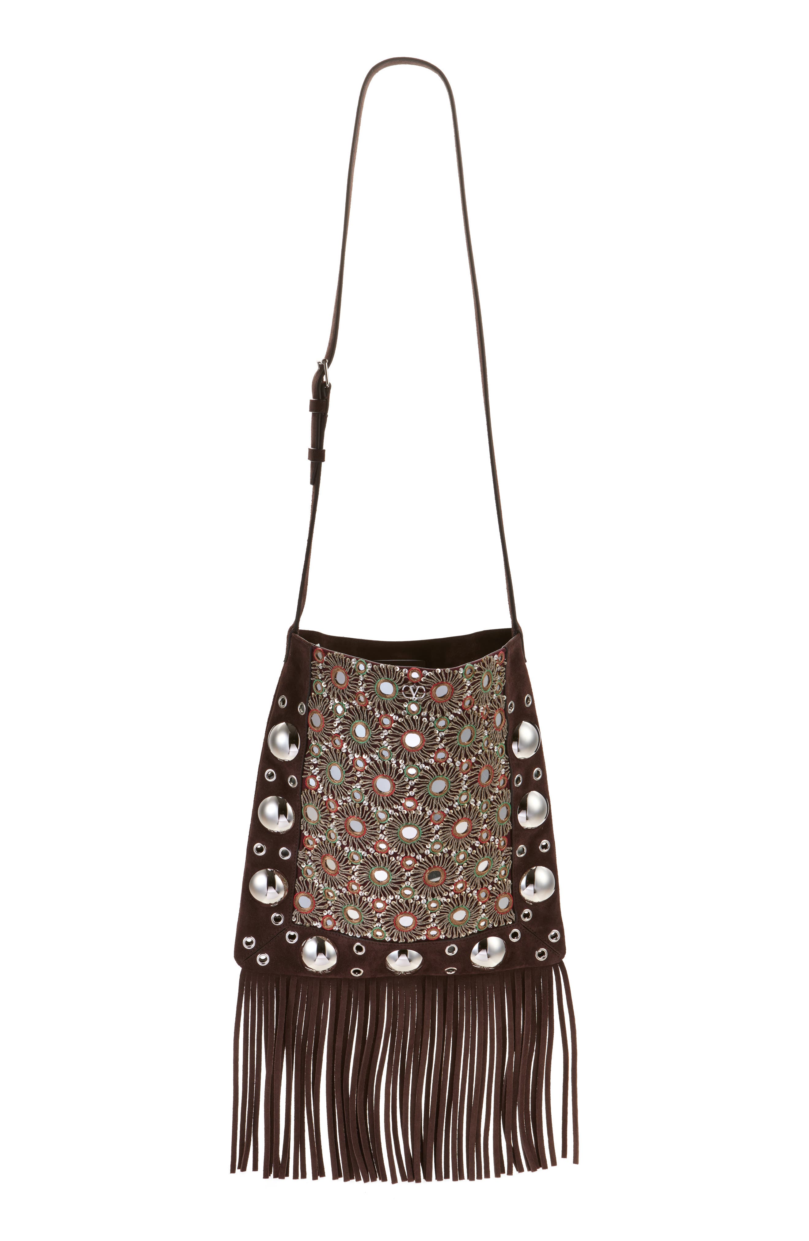 Valentino Garavani Medium Nellcôte Fringed Studded Suede Shoulder Bag, Main, color, Multicolor/ Testa Di Moro