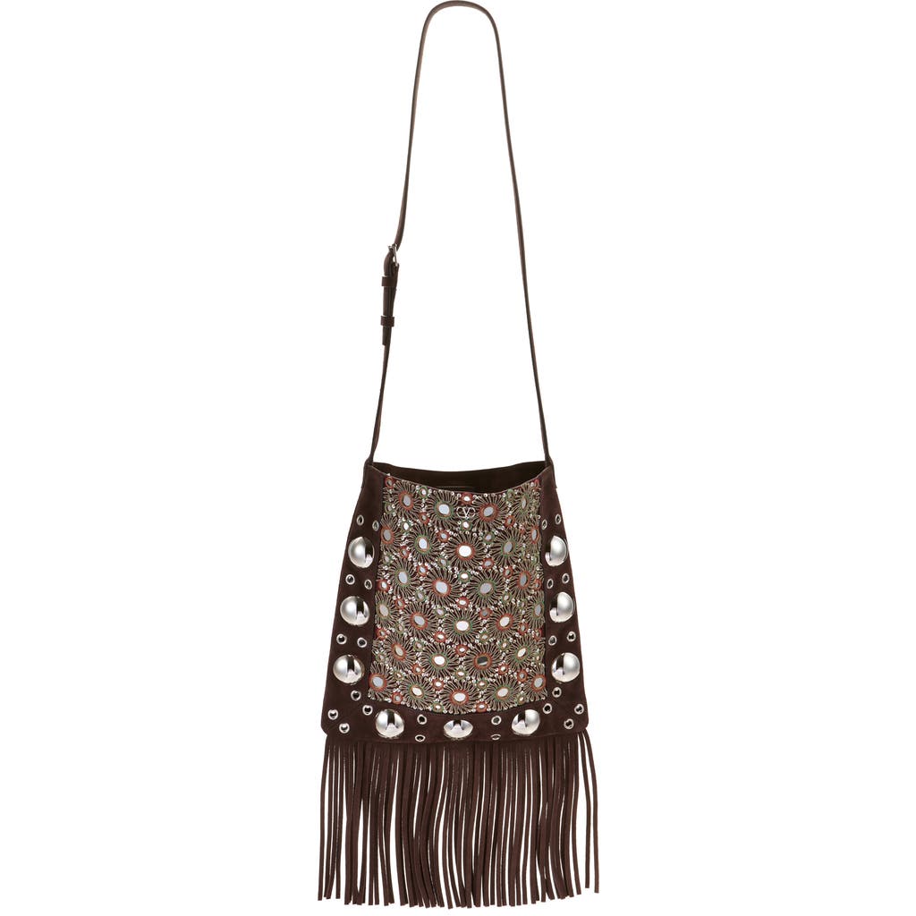 Valentino Nellcote Medium Studded Fringed Suede Crossbody Bag In Brown