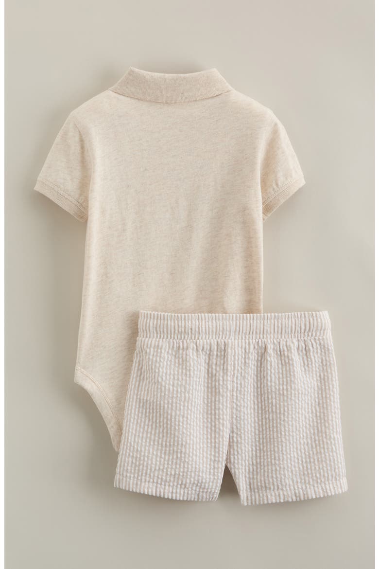 Cotton Polo Bodysuit & Shorts Set, Alternate, color, BEIGE OATMEAL - TAN STRIPE