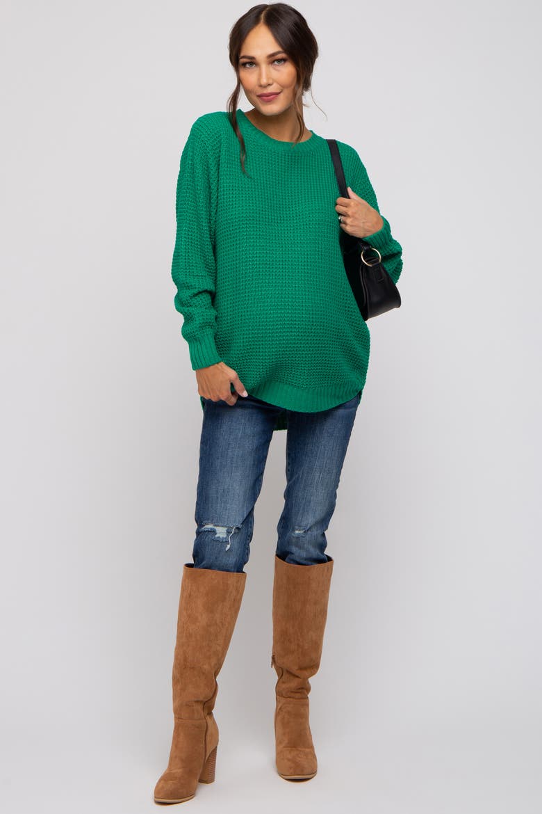Waffle Knit Rounded Hem Sweater, Alternate, color, Emerald Green