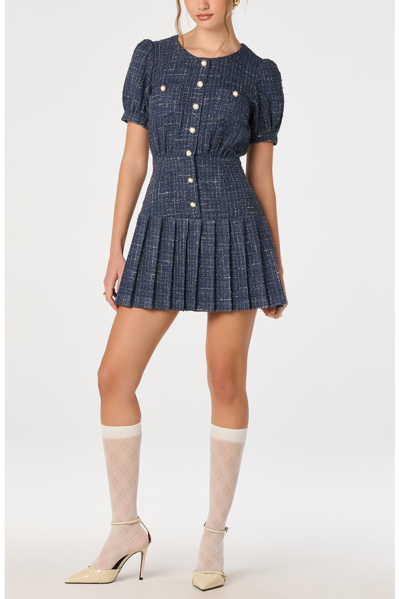 Brenlee Pleated Tweed Minidress, Main, color, DENIM BLUE