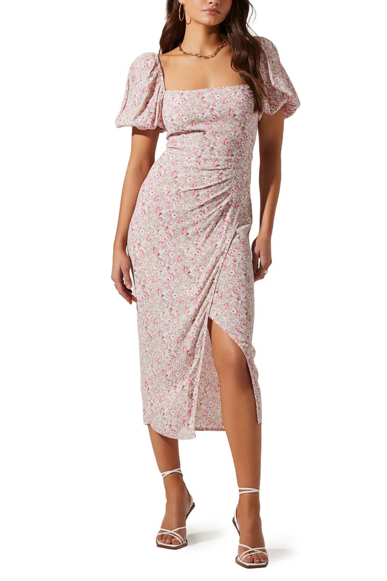 Puff Sleeve Front Slit Midi Dress, Main, color, PINK MULTI DITSY