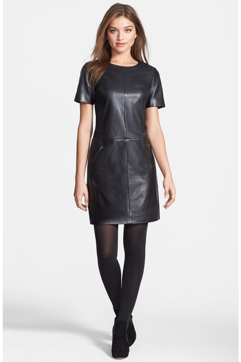 Leather & Ponte Knit Shift Dress, Alternate, color, BLACK