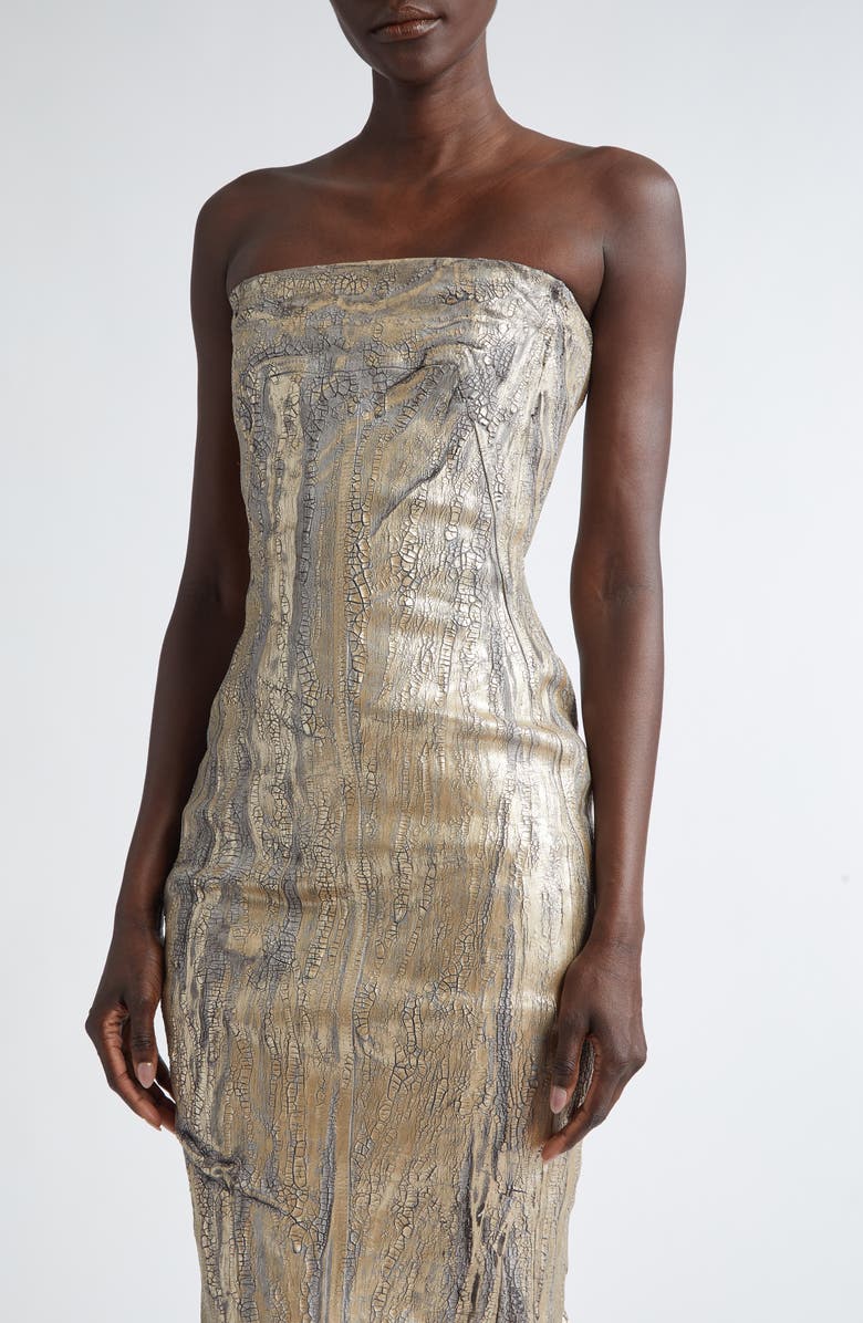 Rick Owens Strapless Metallic Coated Denim Bustier Gown, Alternate, color, 