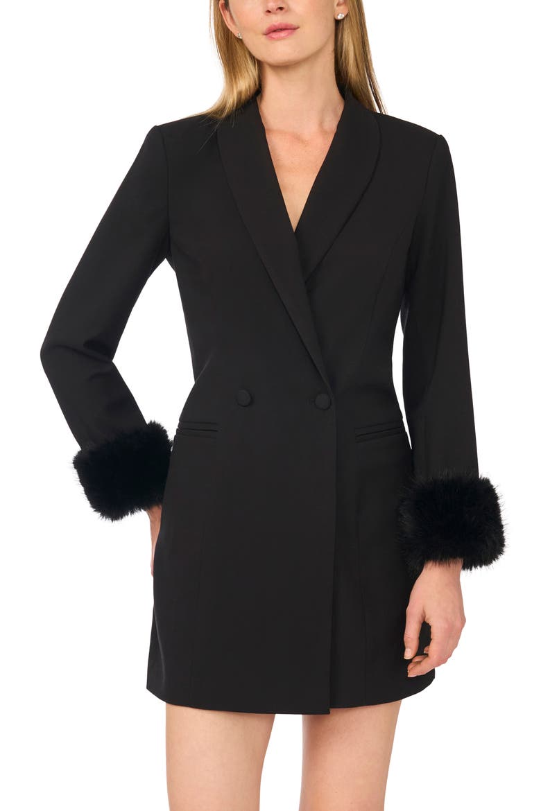 Faux Fur Trim Blazer Minidress, Alternate, color, RICH BLACK
