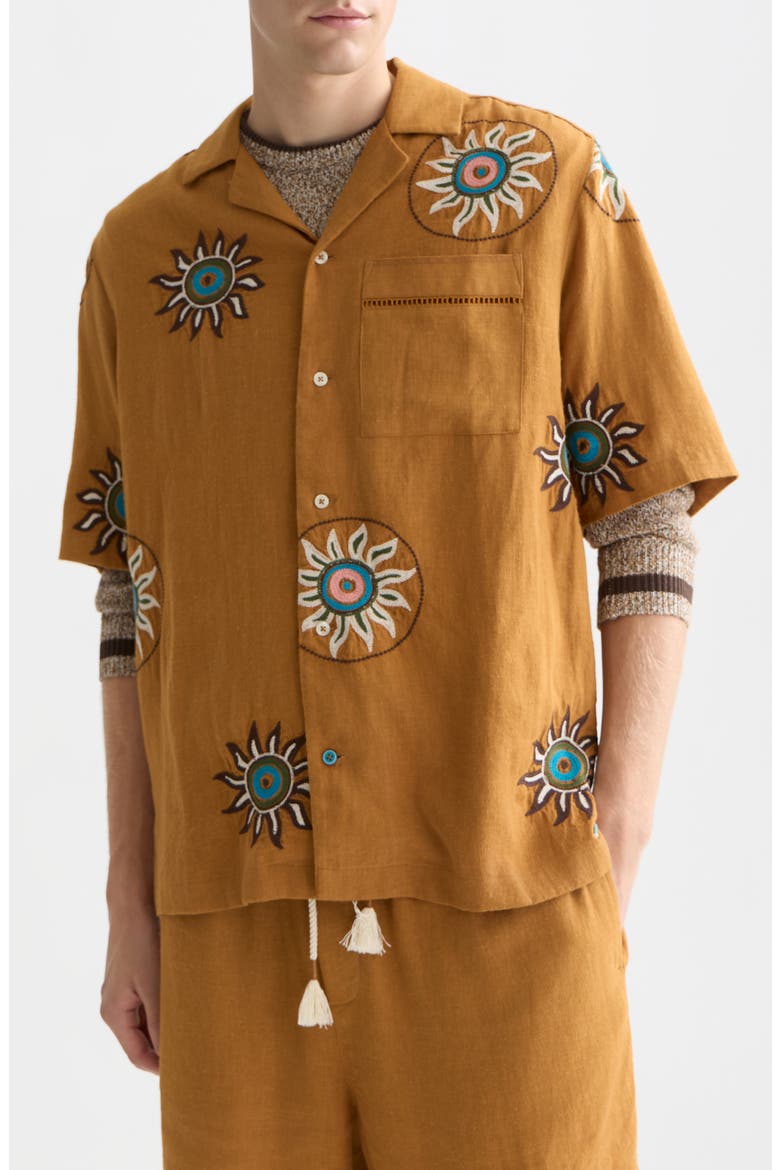 Embroidered Short Sleeve Linen Blend Button-Up Shirt, Main, color, CATHAY SPICE