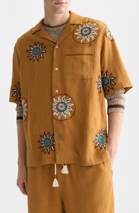 Embroidered Short Sleeve Linen Blend Button-Up Shirt