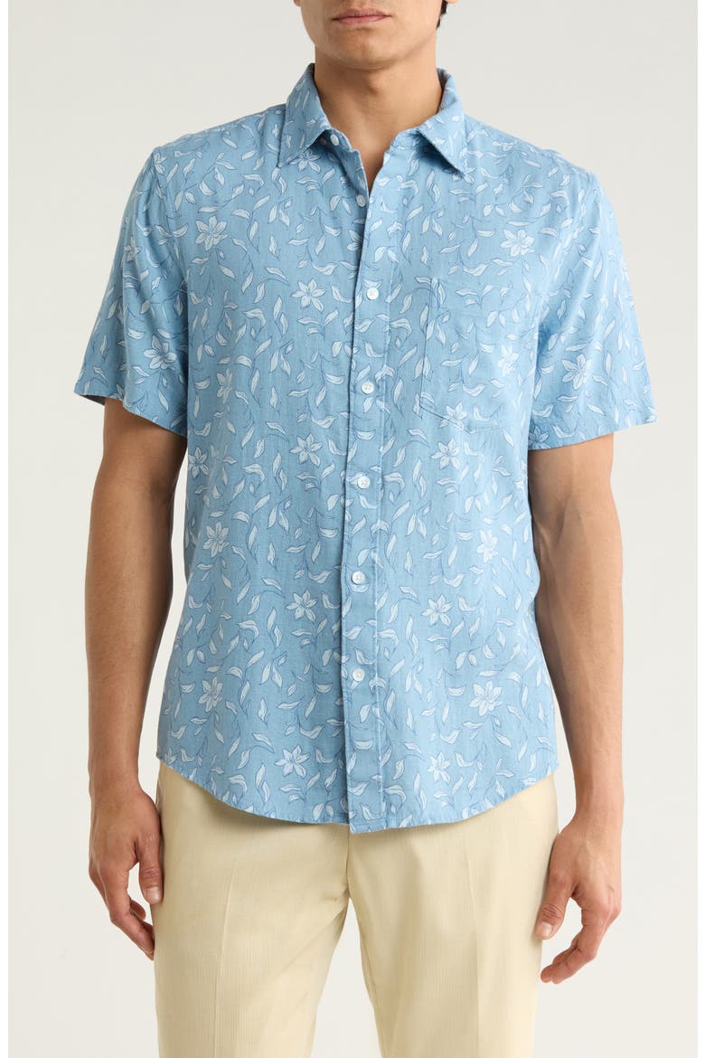 Leaf Short Sleeve Linen Blend Button-Up Shirt, Main, color, BLUE LINEWORK LEAVES