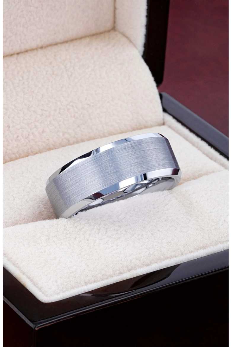 Sheffield Flat Beveled Tungsten Carbide Wedding Band Brushed Center Comfort Fit, Alternate, color, Metallic Silver 4mm