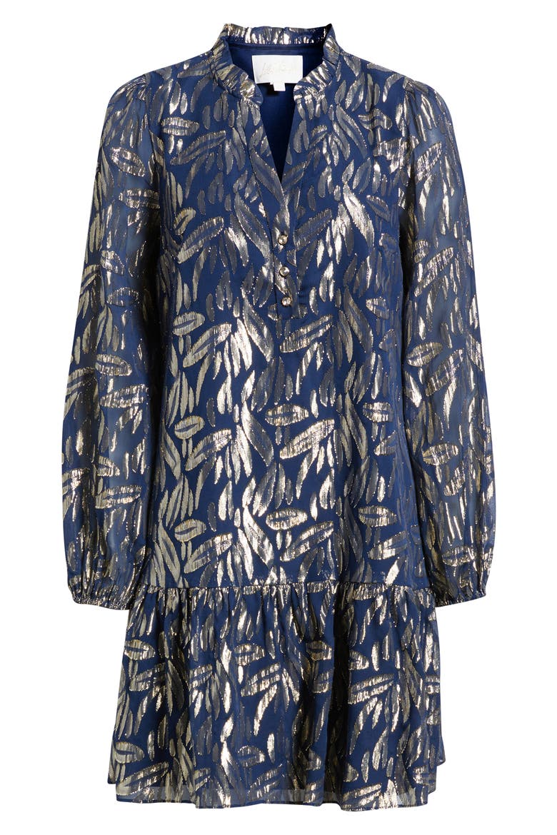 Evaline Long Sleeve Silk Blend Drop Waist Dress, Alternate, color, NAVY LEAFY BABE