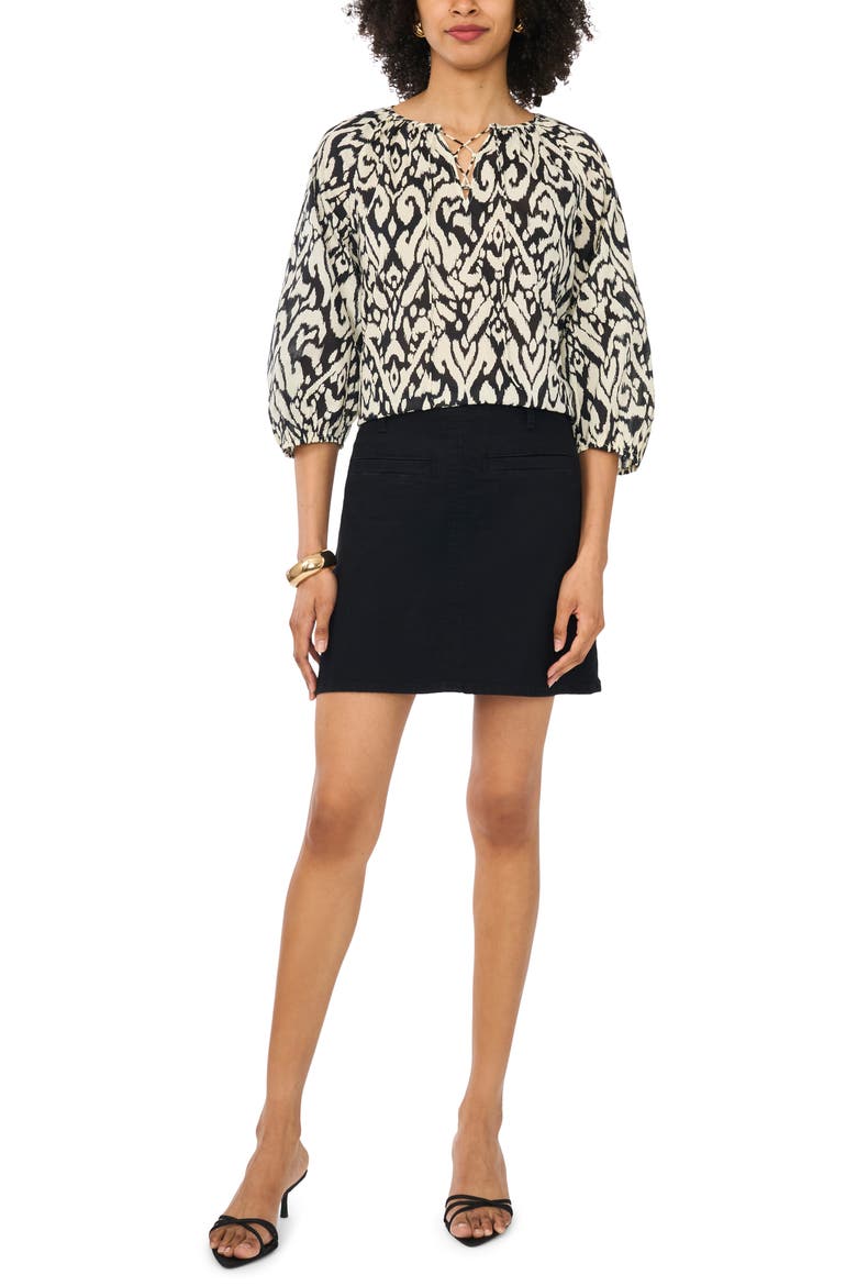 Print Lace Up Top, Alternate, color, RICH BLACK