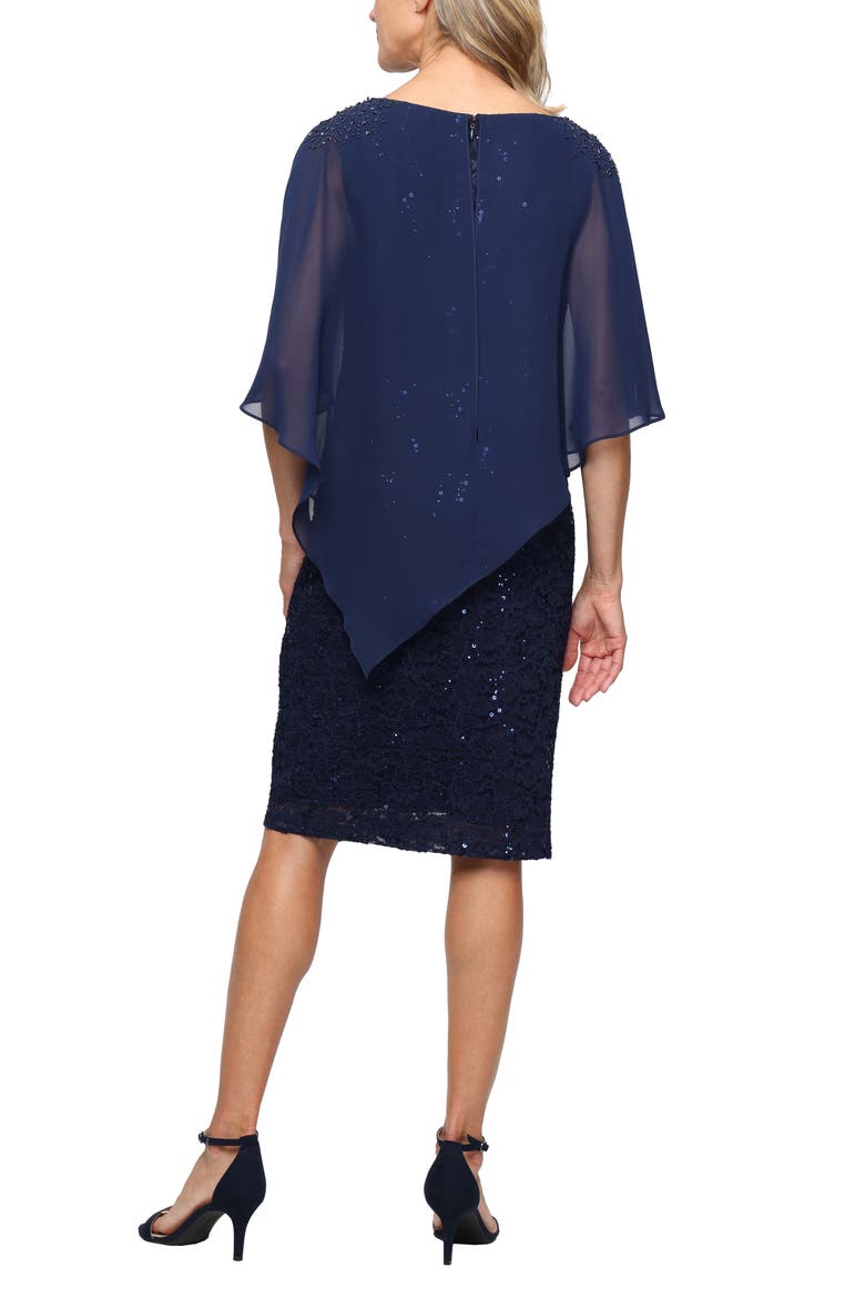 Chiffon Capelet Floral Lace Cocktail Dress, Alternate, color, NEW NAVY