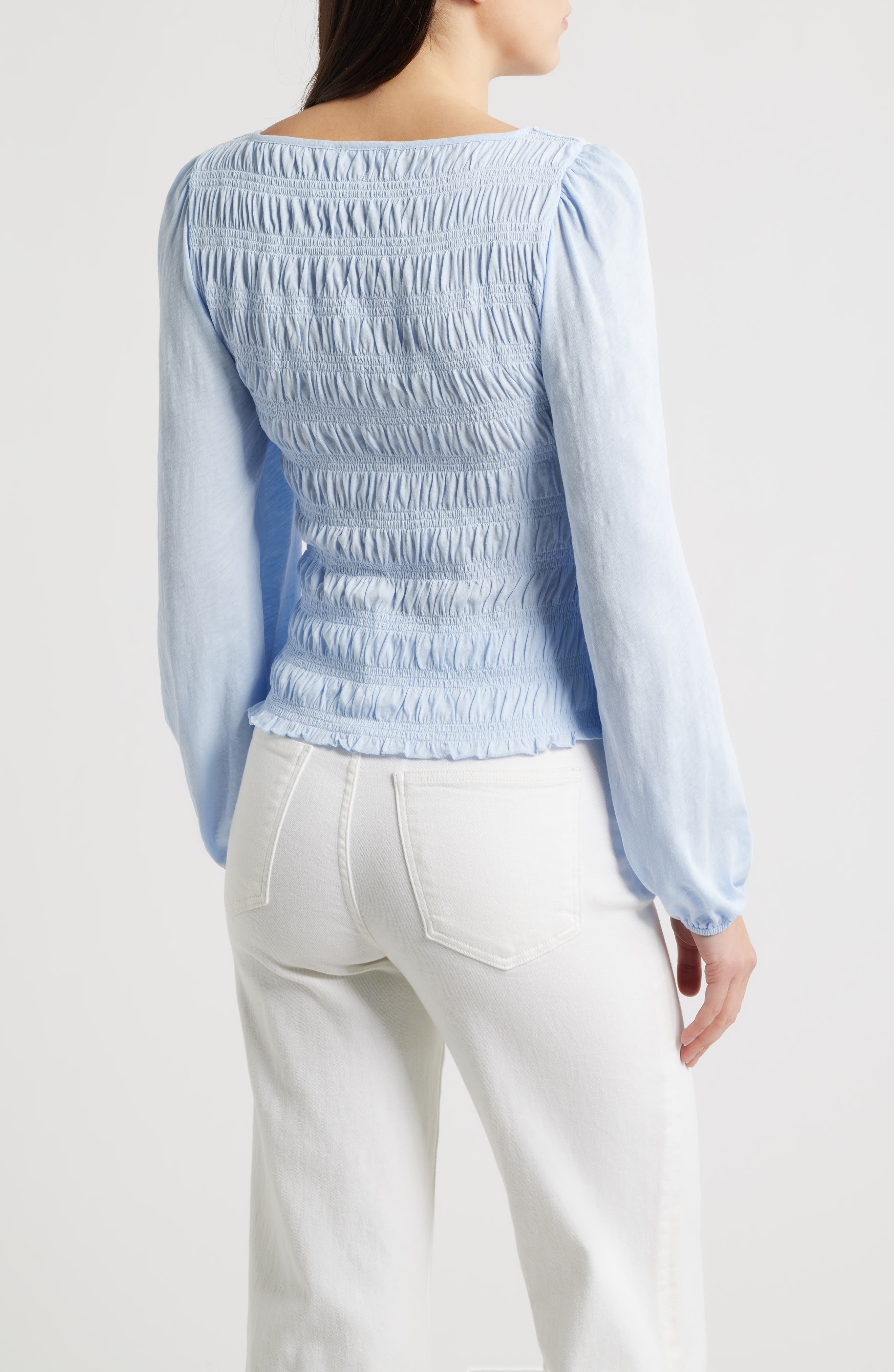 Smocked Boat Neck Long Sleeve Cotton Top - image 3