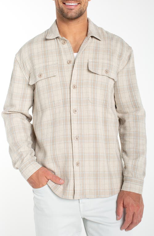 Liverpool Los Angeles Plaid Flap Pocket Cotton & Linen Overshirt in Oat/light Blue at Nordstrom, Size Large