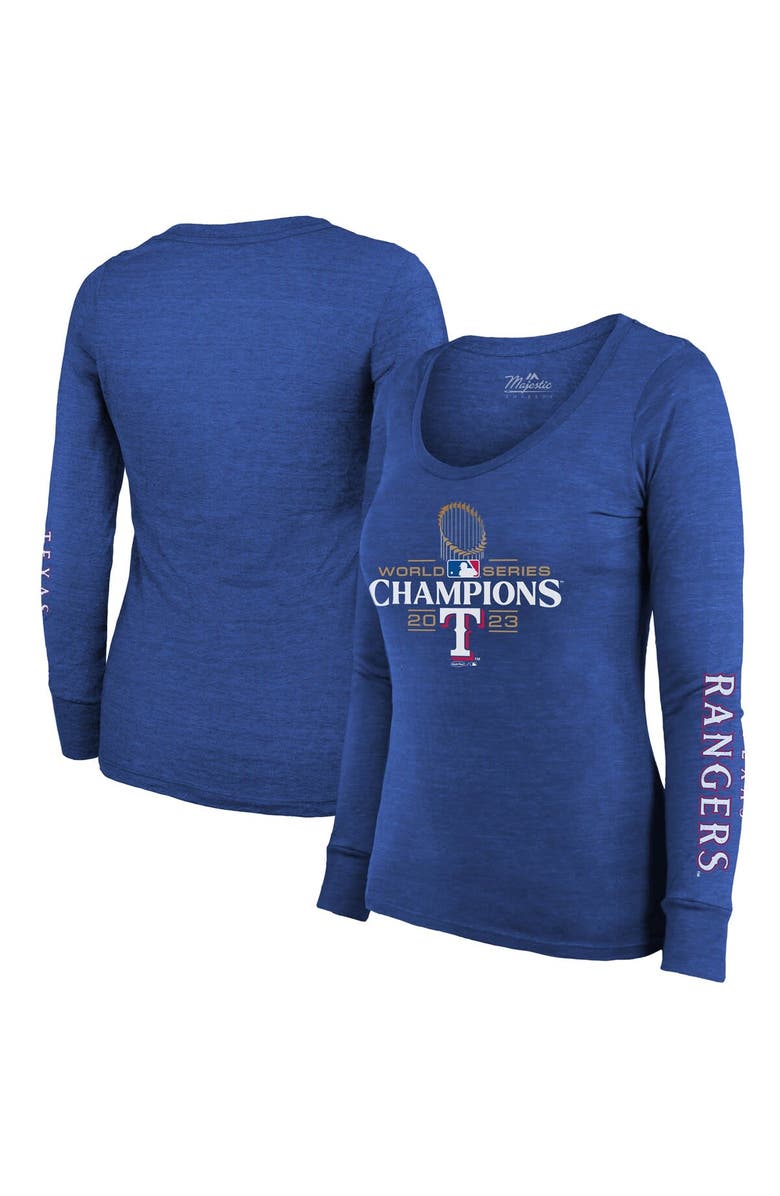 Majestic Threads Women's Majestic Threads Royal Texas Rangers 2023 World Series Champions Tri-Blend Long Sleeve Scoop Neck T-Shirt, Main, color, 
