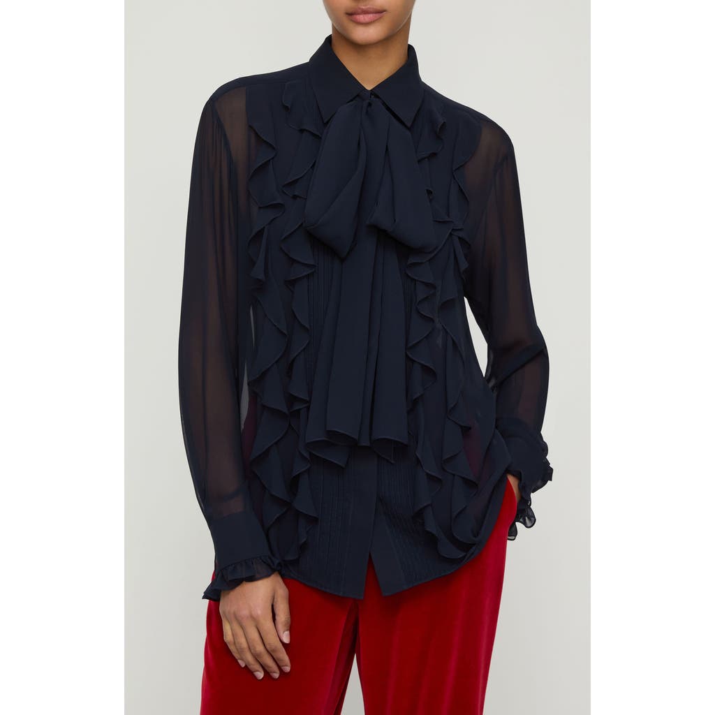 Lafayette 148 New York Ruffle Tie Neck Silk Georgette Shirt In Blue