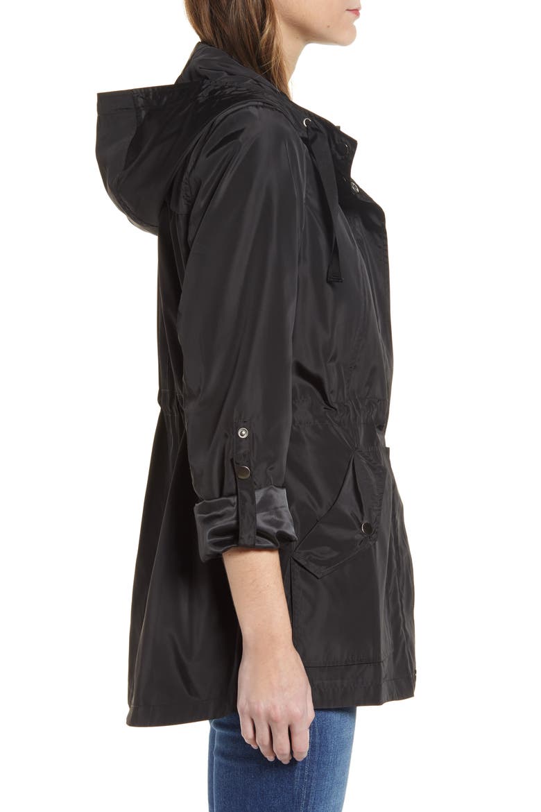 Hooded Cinch Waist Rain Jacket, Alternate, color, BLACK